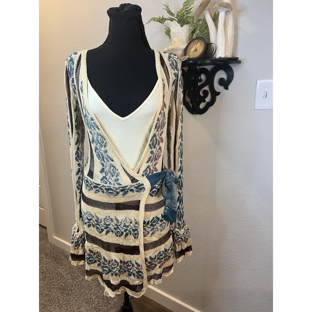 Free People Cream Teal Floral Bella Rosa Wrap Mini Dress Bell Sleeve Sz S As Is